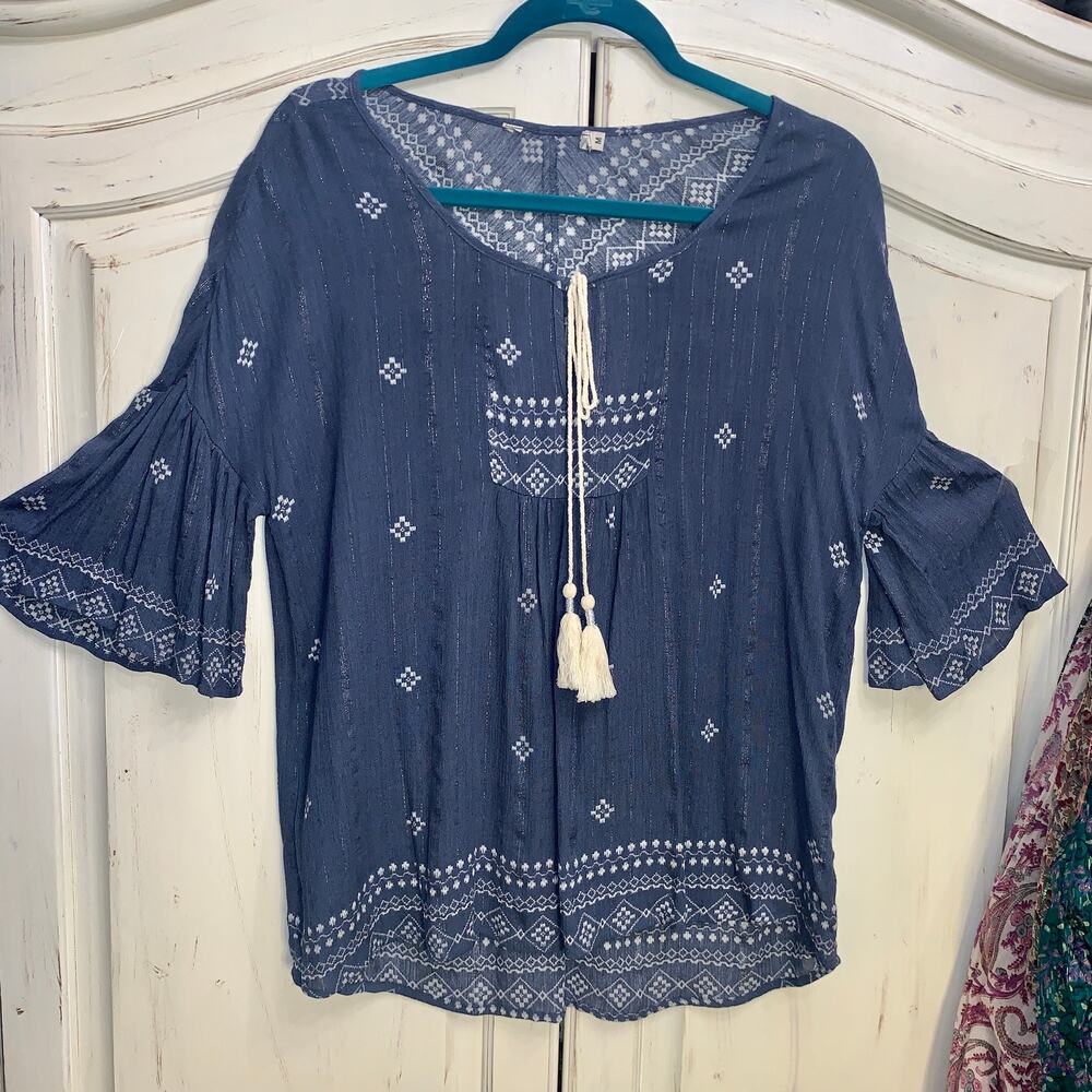DENIM BLUE RAYON HIPPIE BLOUSE W/ METALLIC THREAD LUREX